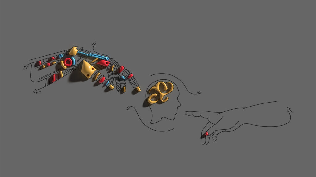 Hands of Robot and Human hands touching with fingers