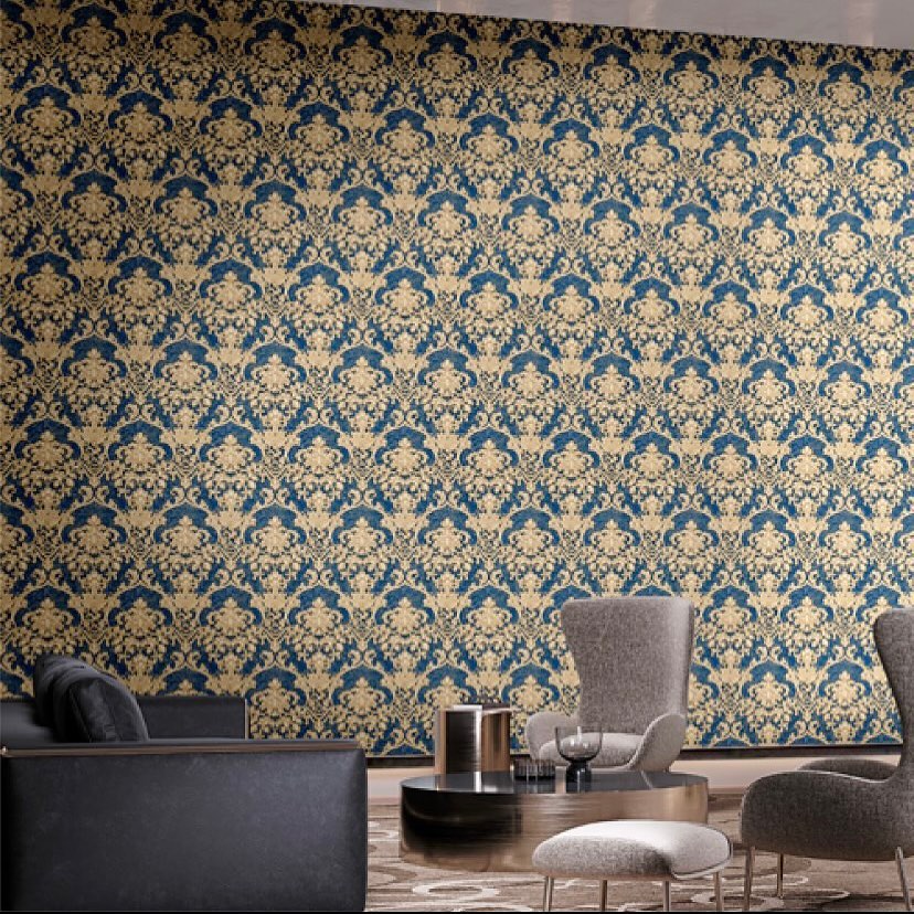 Classic Damask Wallpaper in Royal Blue and Gold