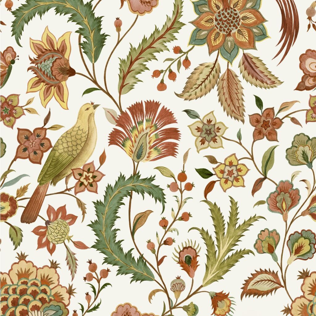 Vintage Botanical Paradise: A Folk Art Floral Pattern with Bird