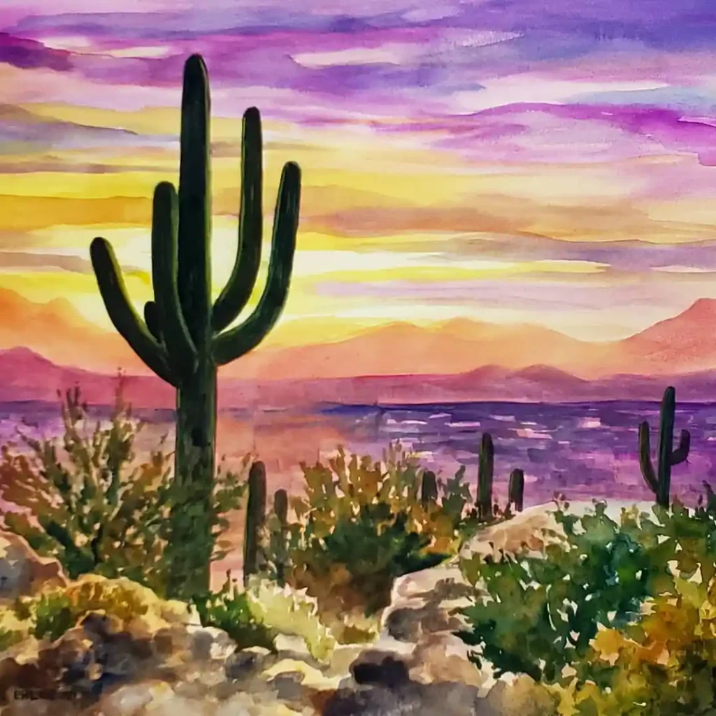 Watercolor Desert Cactus Drawing Ideas 14
