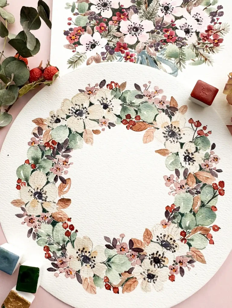 Watercolor Floral Wreath drawing Ideas (1)