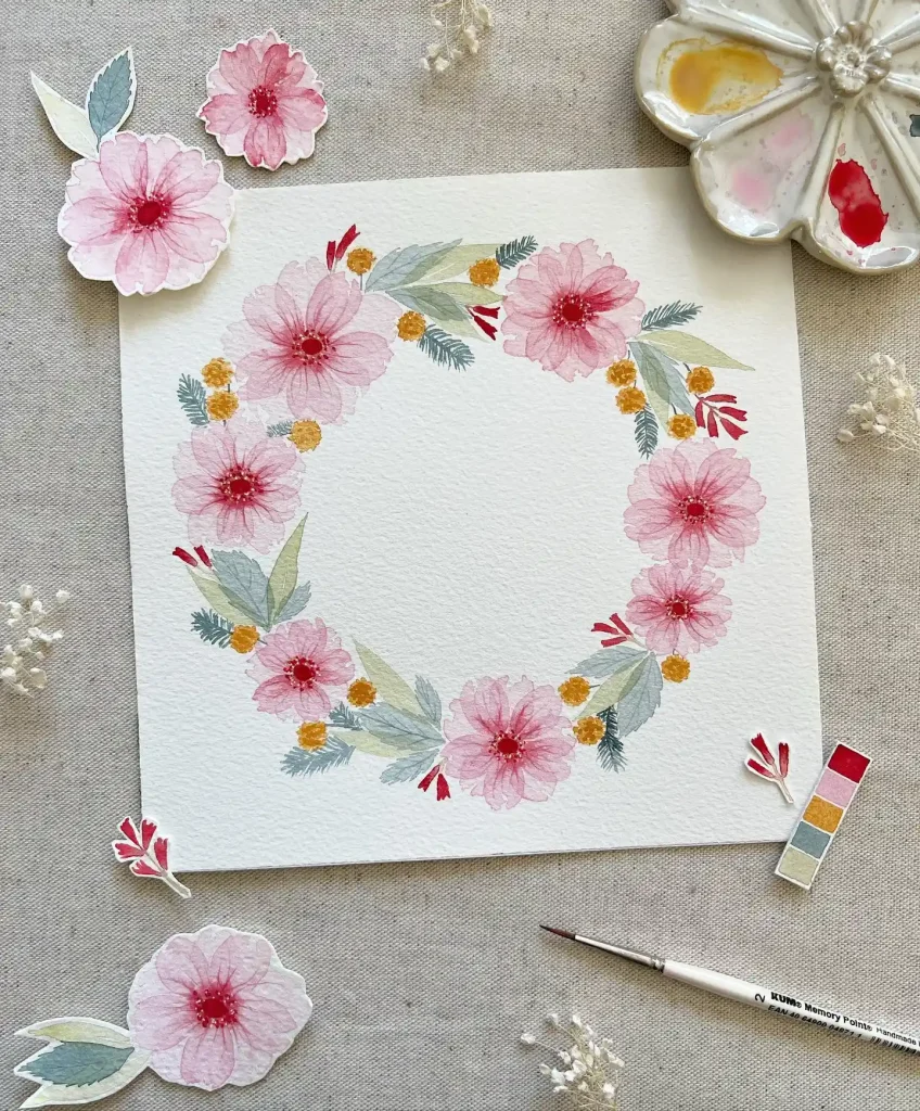 Watercolor Floral Wreath drawing Ideas (12)