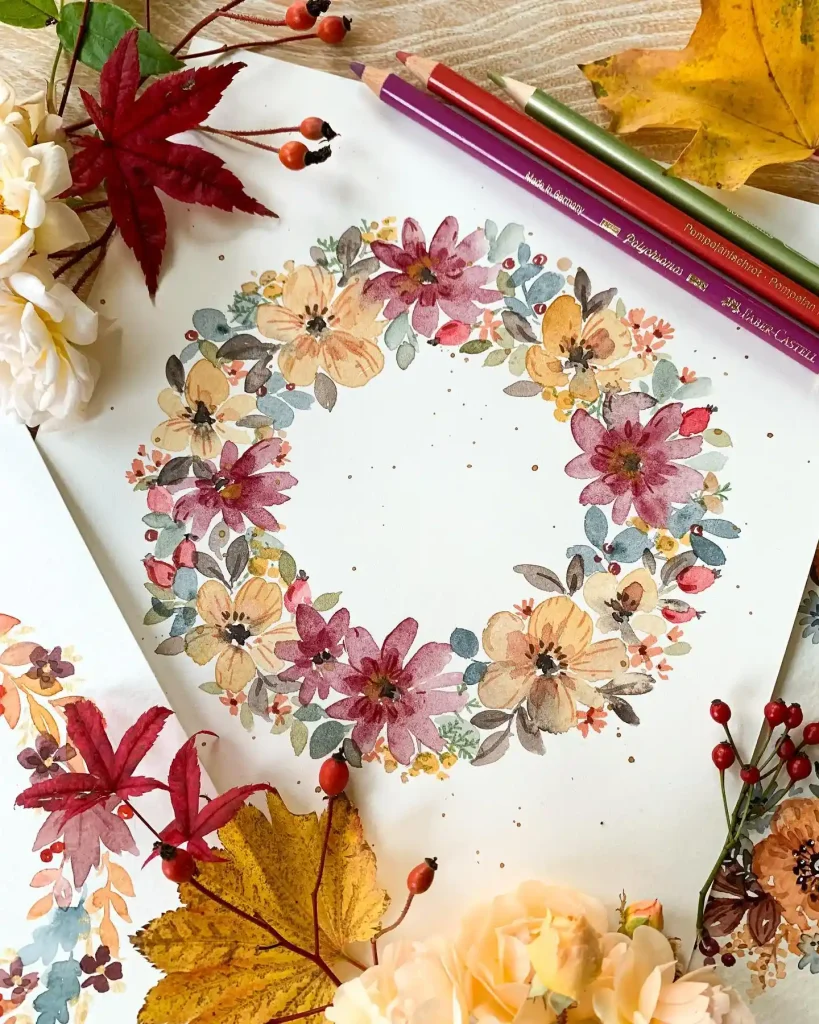 Watercolor Floral Wreath drawing Ideas (44)
