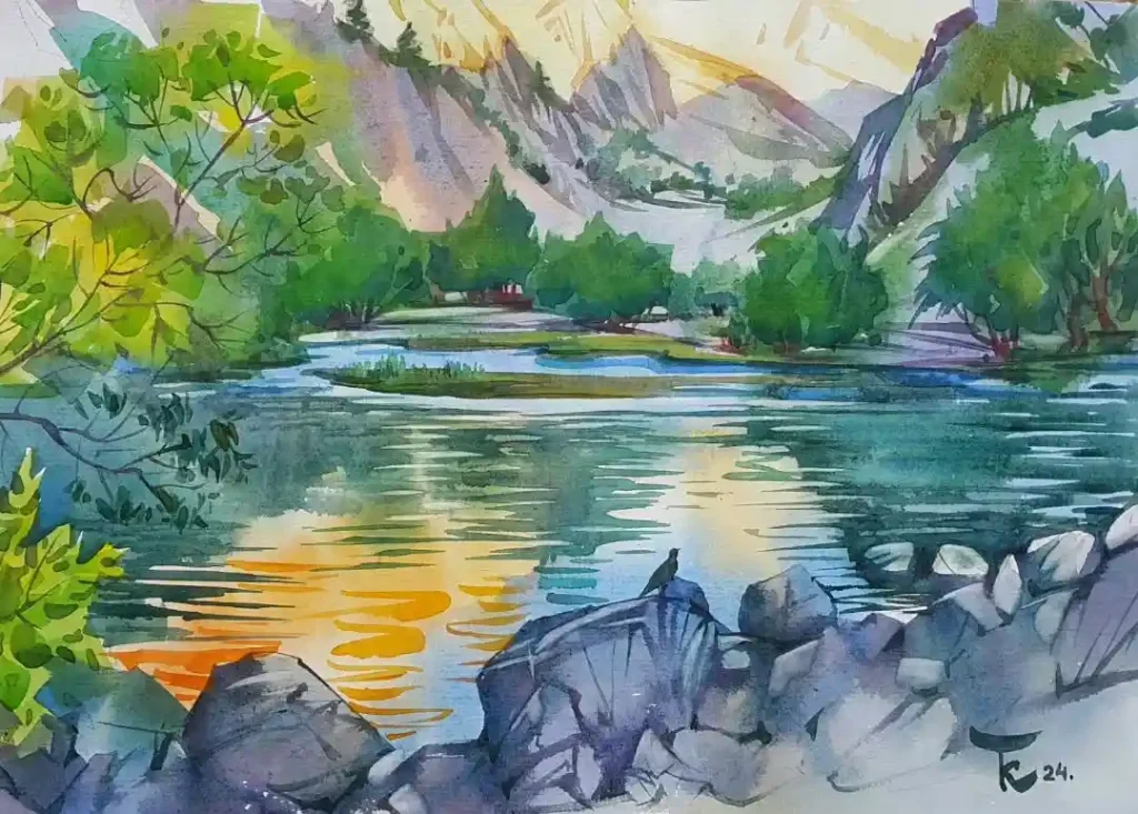 Watercolor Lake Drawing Ideas 20