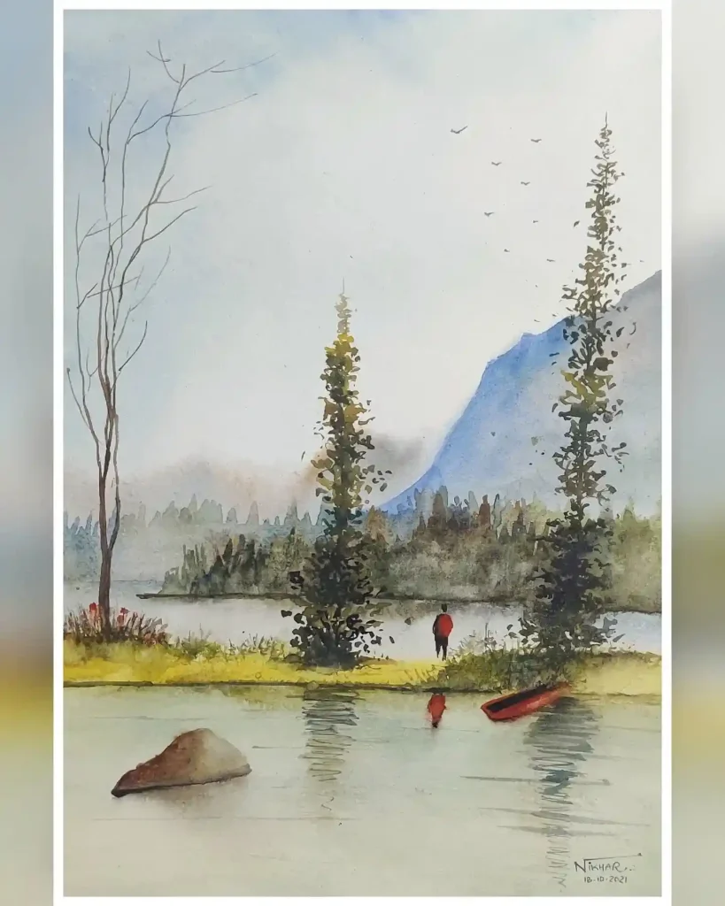Watercolor Lake Drawing Ideas 7