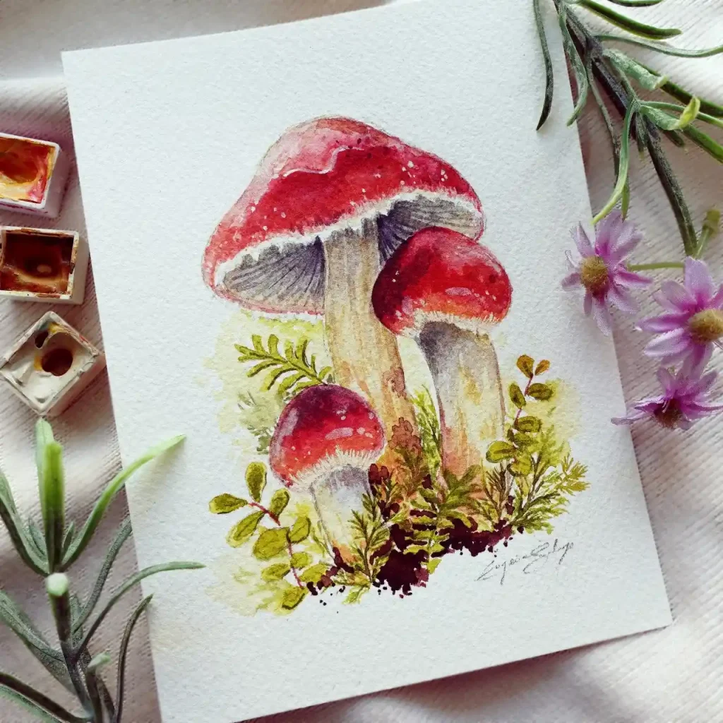 Watercolor Mushroom Drawing Ideas 21