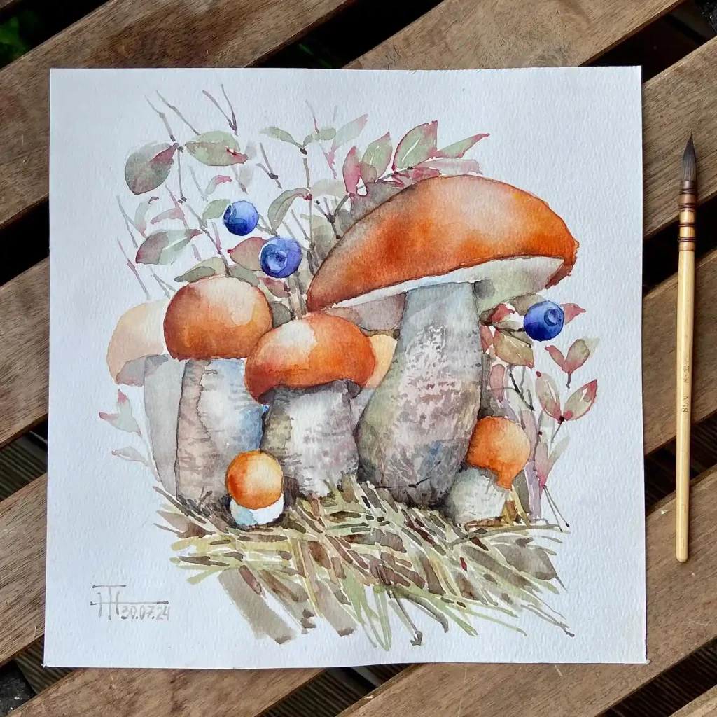 Watercolor Mushroom Drawing Ideas 22