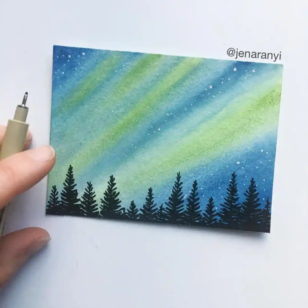 Watercolor Northern Lights Drawing Ideas 19