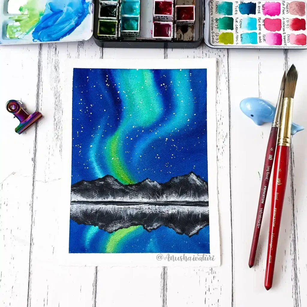Watercolor Northern Lights Drawing Ideas 21