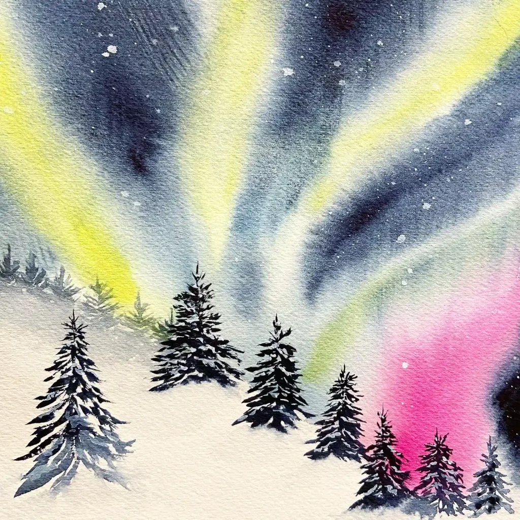 Watercolor Northern Lights Drawing Ideas 22
