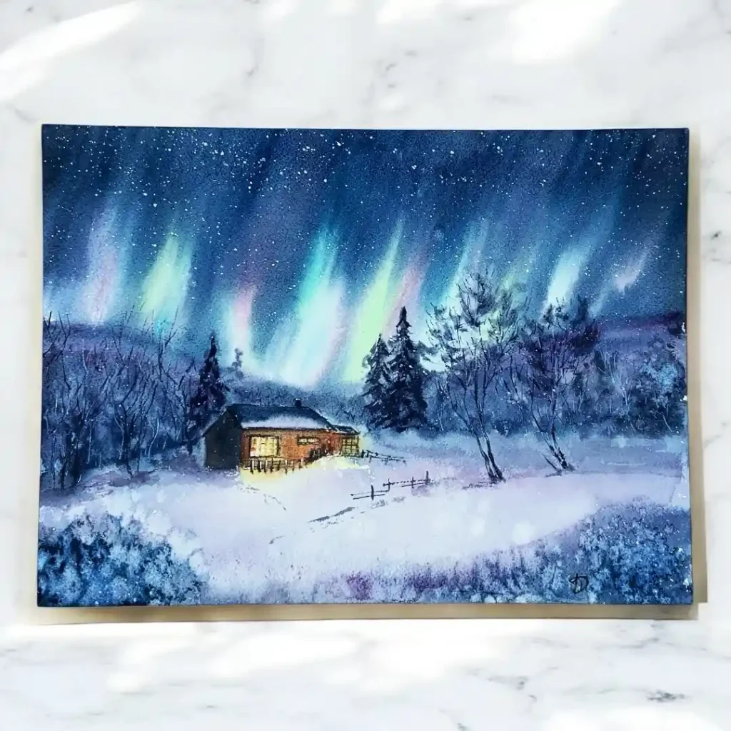 Watercolor Northern Lights Drawing Ideas 25