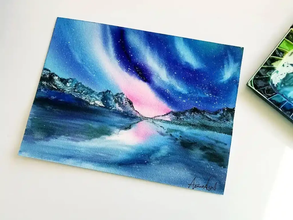 Watercolor Northern Lights Drawing Ideas 26