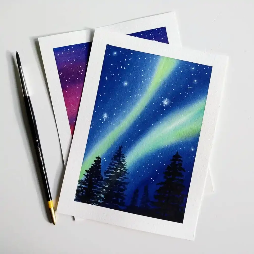 Watercolor Northern Lights Drawing Ideas 27