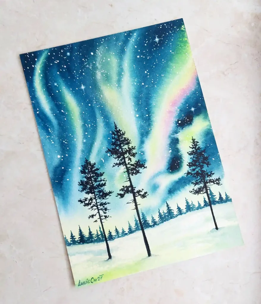 Watercolor Northern Lights Drawing Ideas 29
