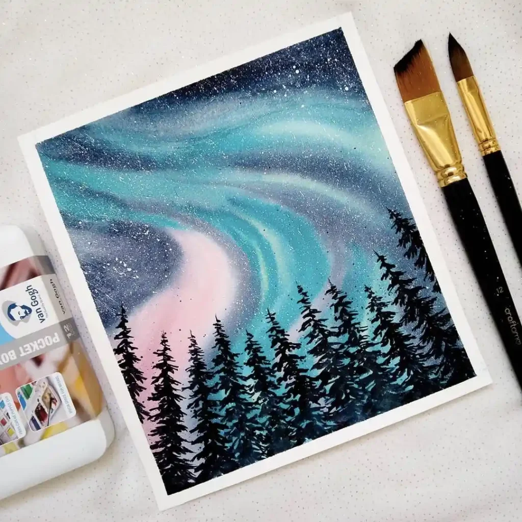 Watercolor Northern Lights Drawing Ideas 30