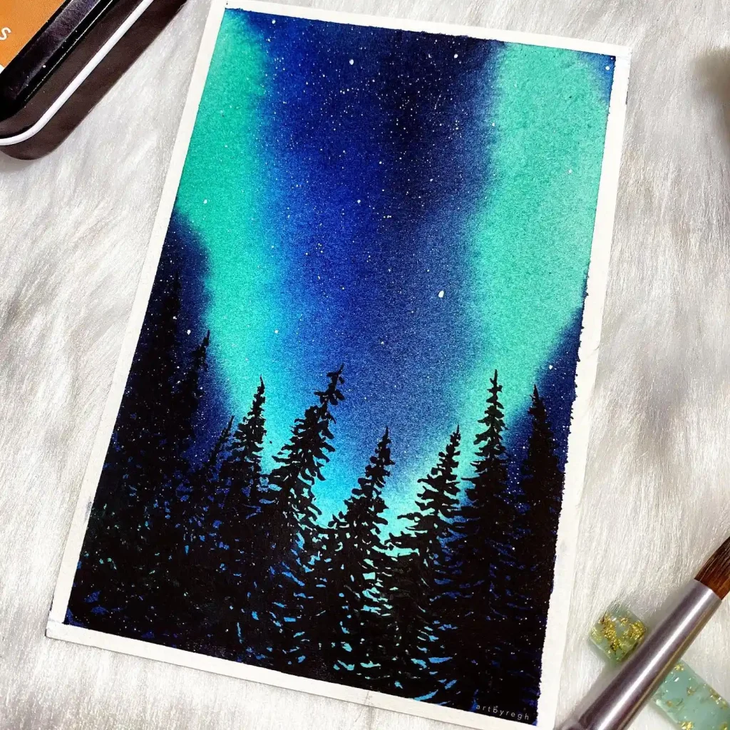 Watercolor Northern Lights Drawing Ideas 35