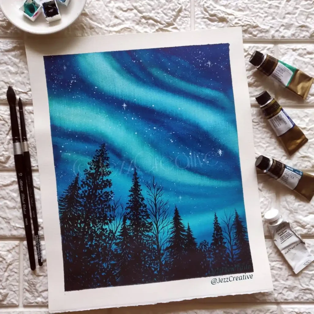 Watercolor Northern Lights Drawing Ideas 42