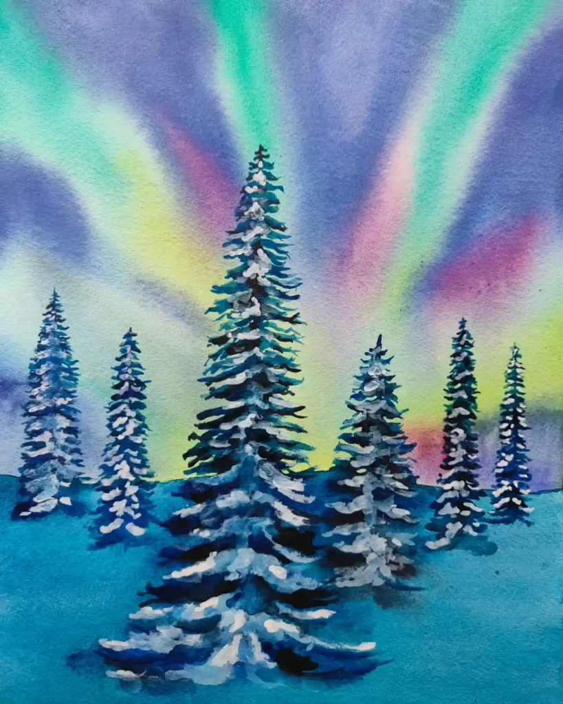 Watercolor Northern Lights Drawing Ideas 7