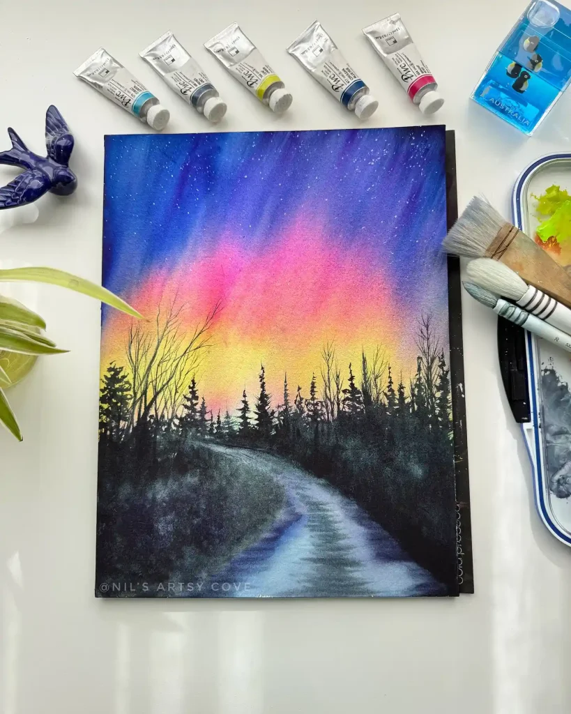 Watercolor Northern Lights Drawing Ideas 9
