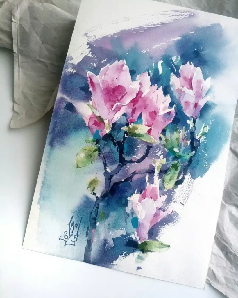 watercolor magnolia drawing ideas (20)