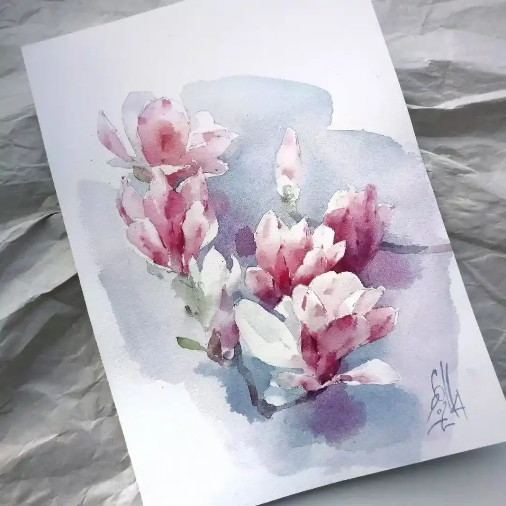 watercolor magnolia drawing ideas (27)