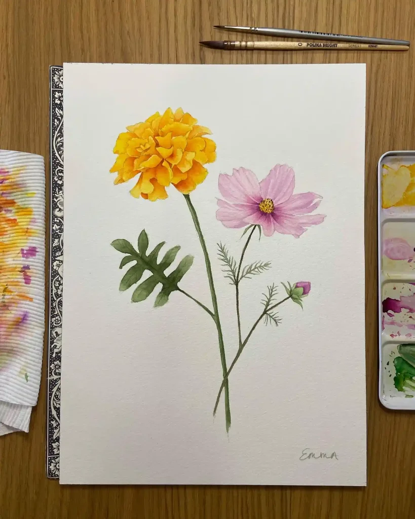 watercolor marigold drawing ideas (8)