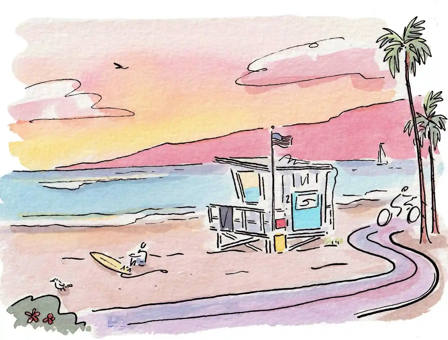 Lifeguard Tower on Venice Beach Watercolor
