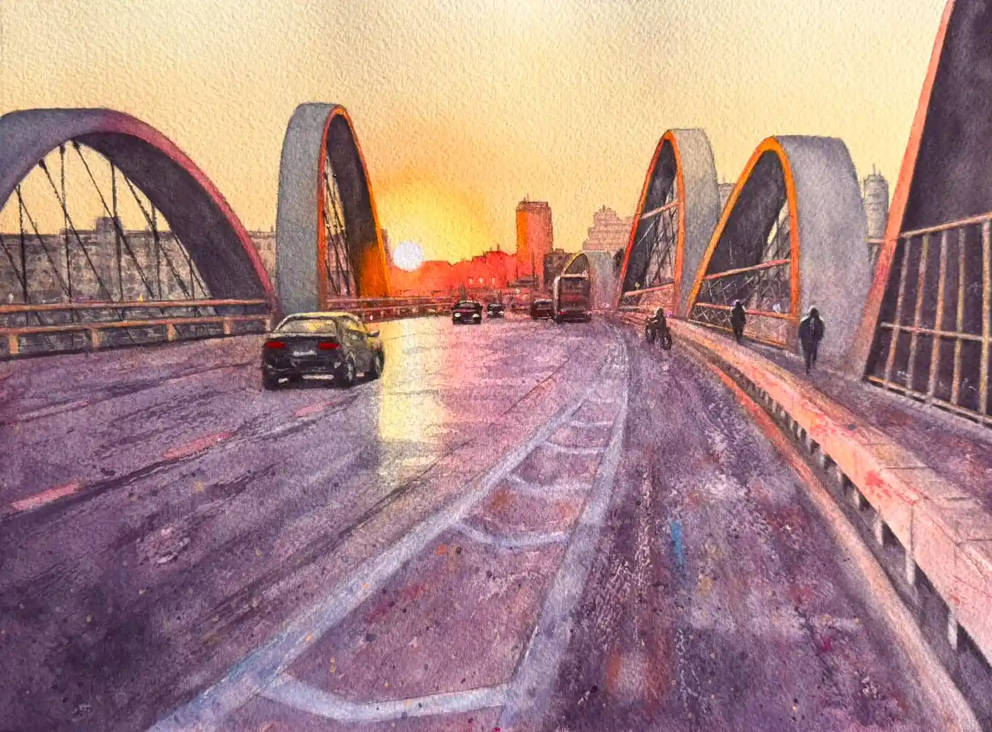 Sixth Street Viaduct Bridge at Sunset Watercolor