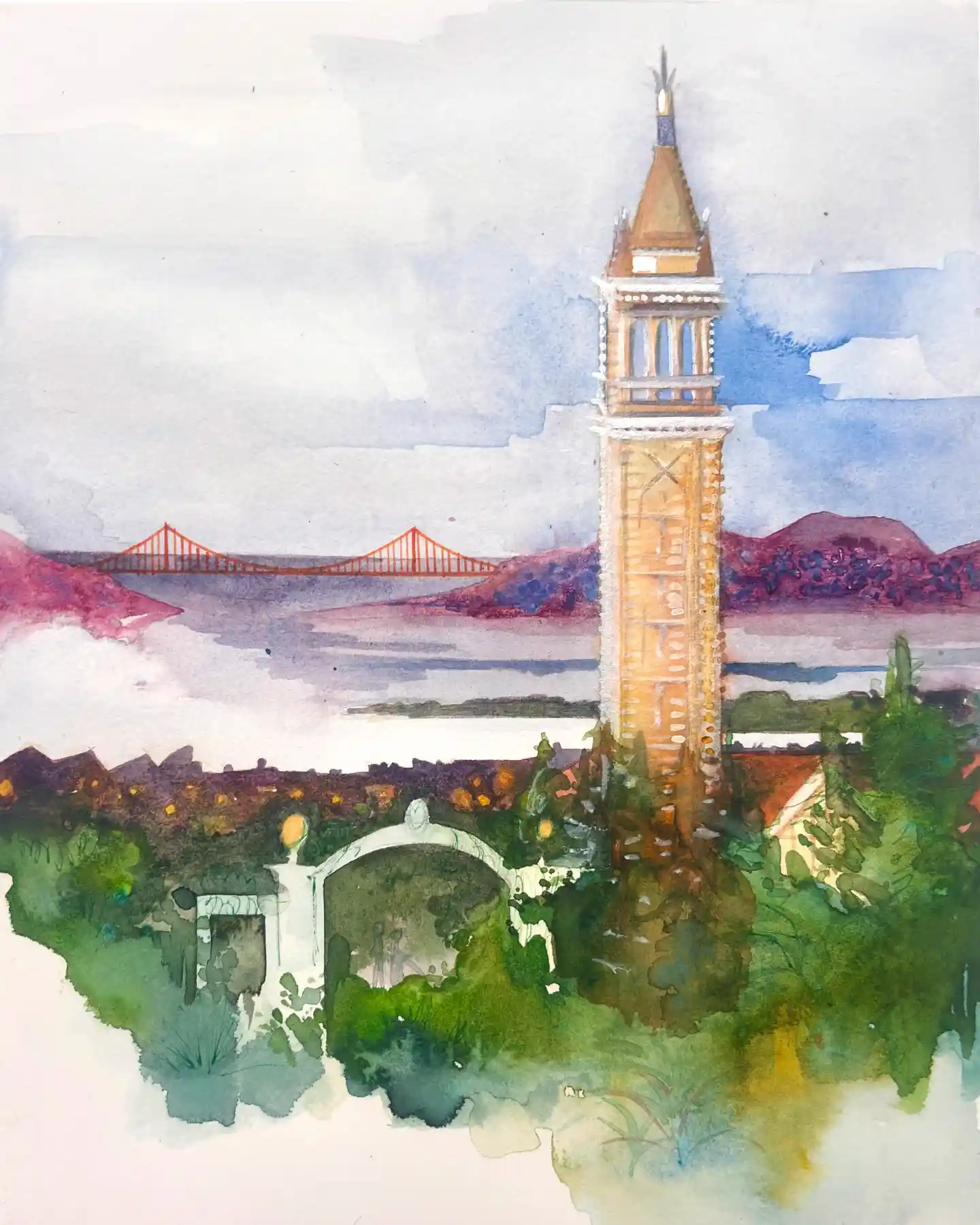 Scenic Coastal Tower and Bridge Watercolor