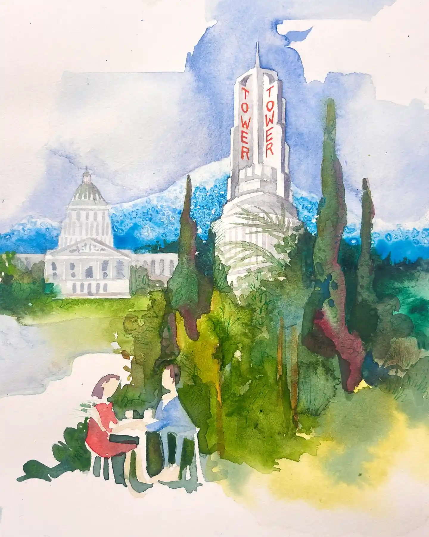LA City Hall and Downtown Cafe Watercolor