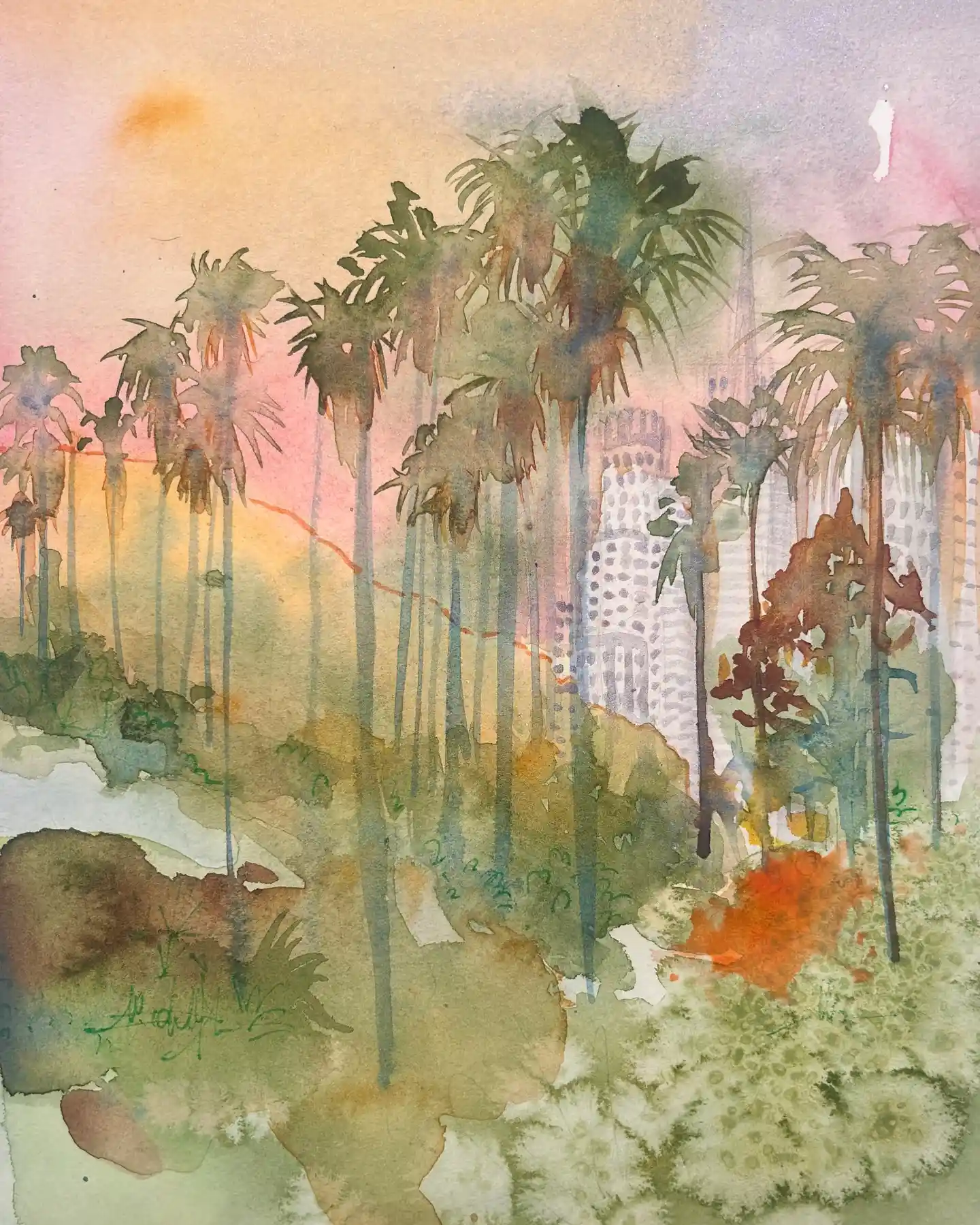Downtown Skyline Framed by Palms Watercolor