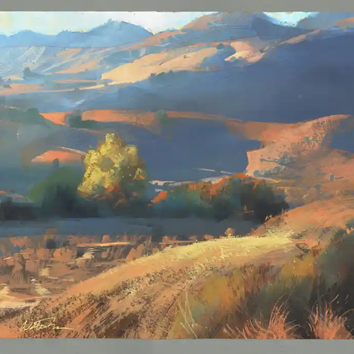 Golden Sunlit Canyon Hills Watercolor