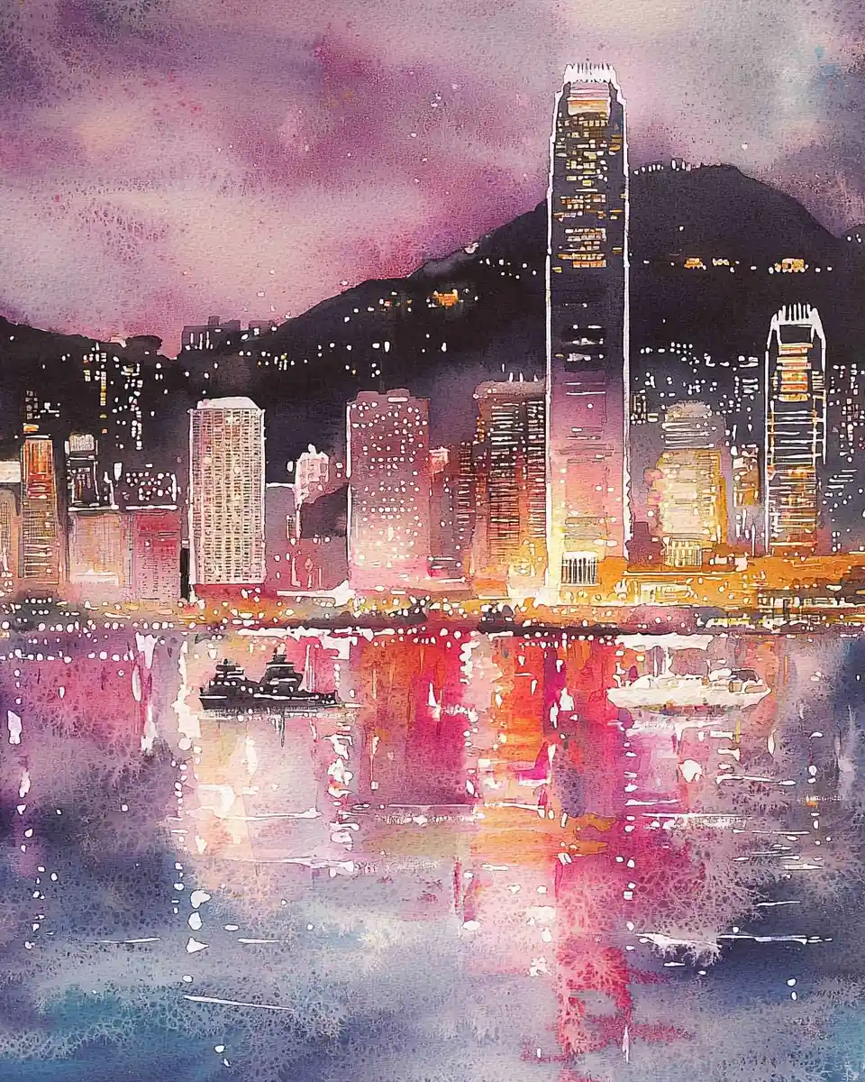 Marina del Rey Skyline at Night Watercolor