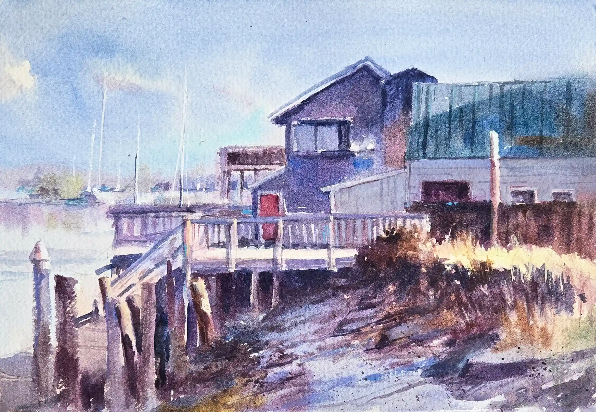 Historic Waterfront Pier Watercolor