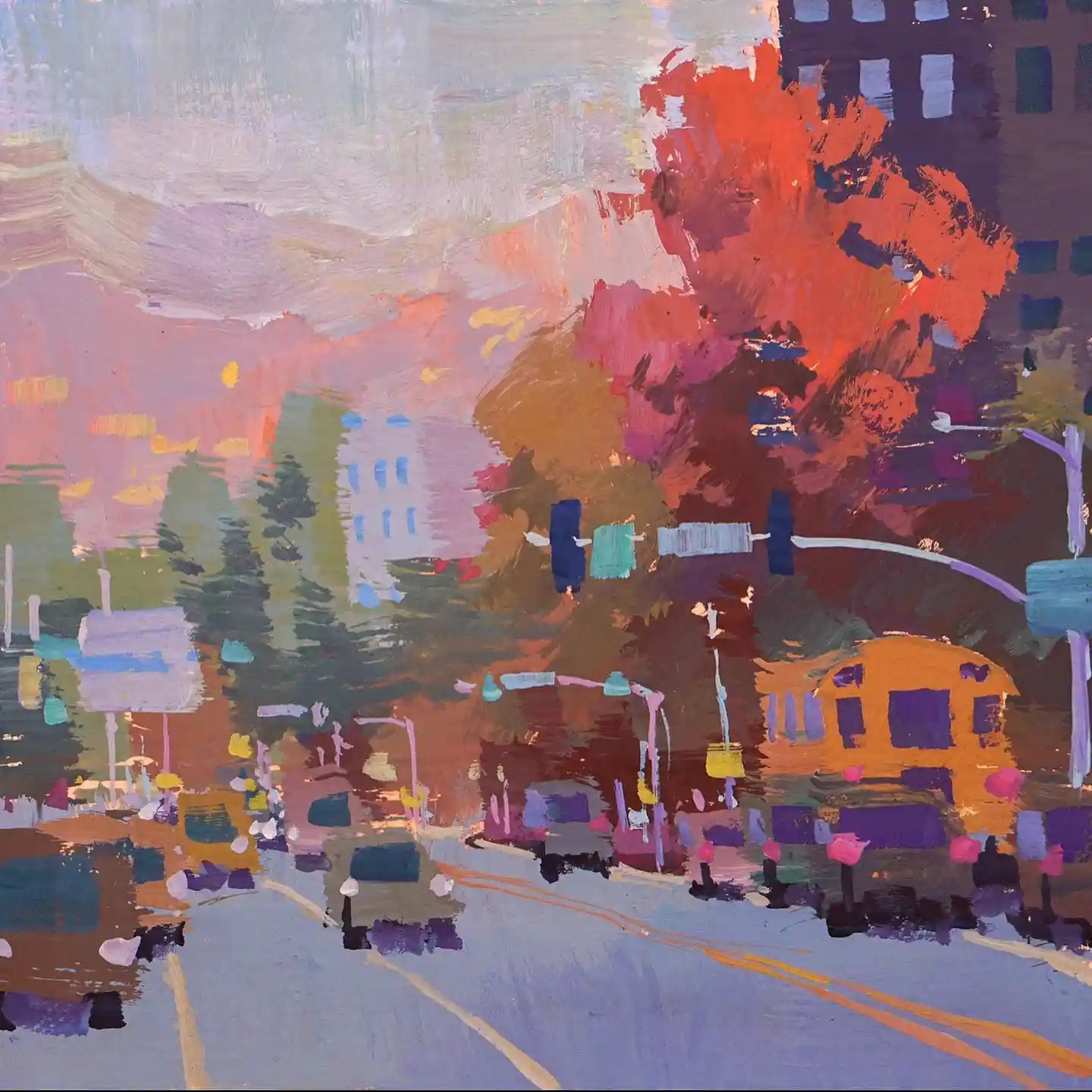 Autumn Street with Yellow School Bus Watercolor