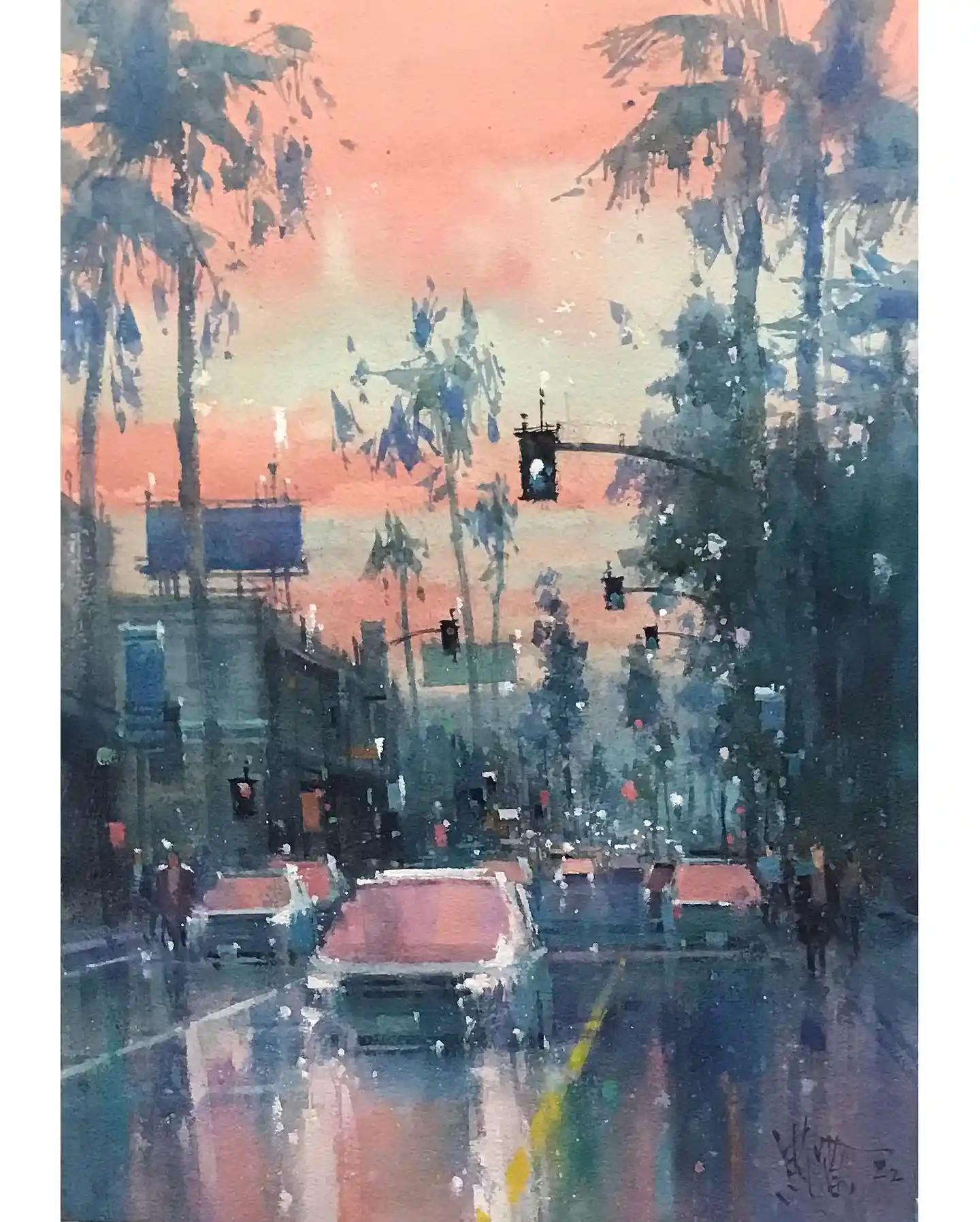 Rainy Sunset on Wilshire Boulevard Watercolor
