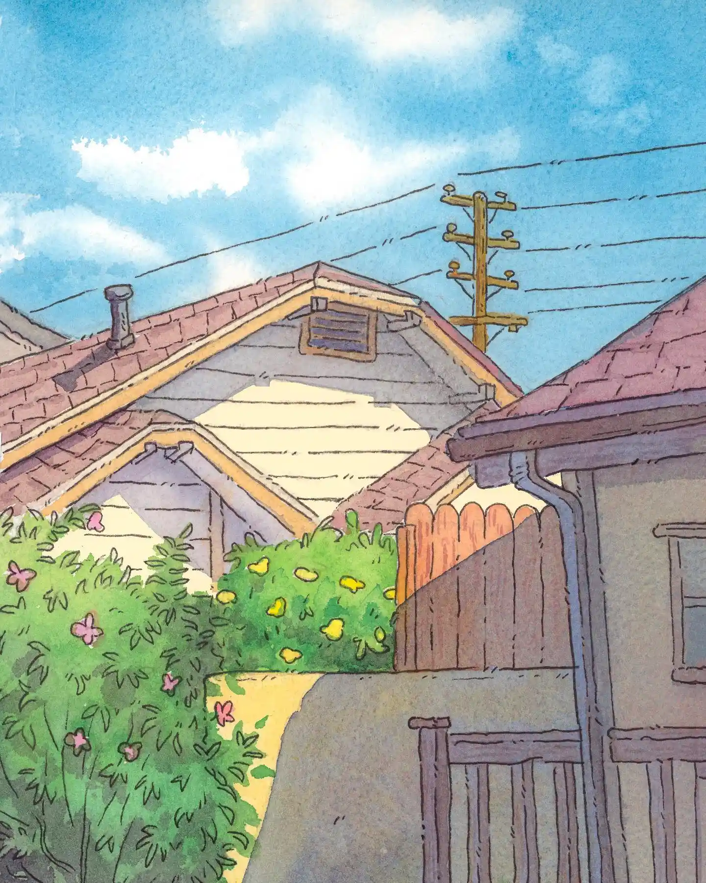 Sunny LA Rooftops and Powerlines Watercolor