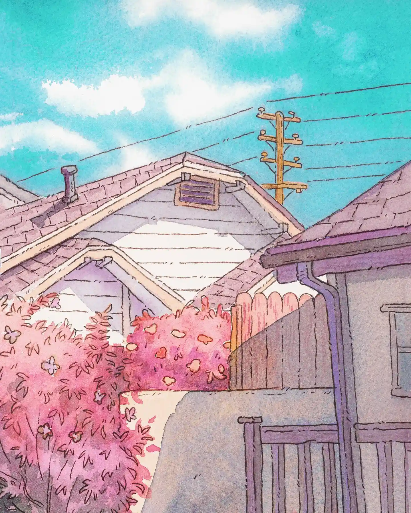 Pastel LA Rooftops with Pink Bougainvillea Watercolor