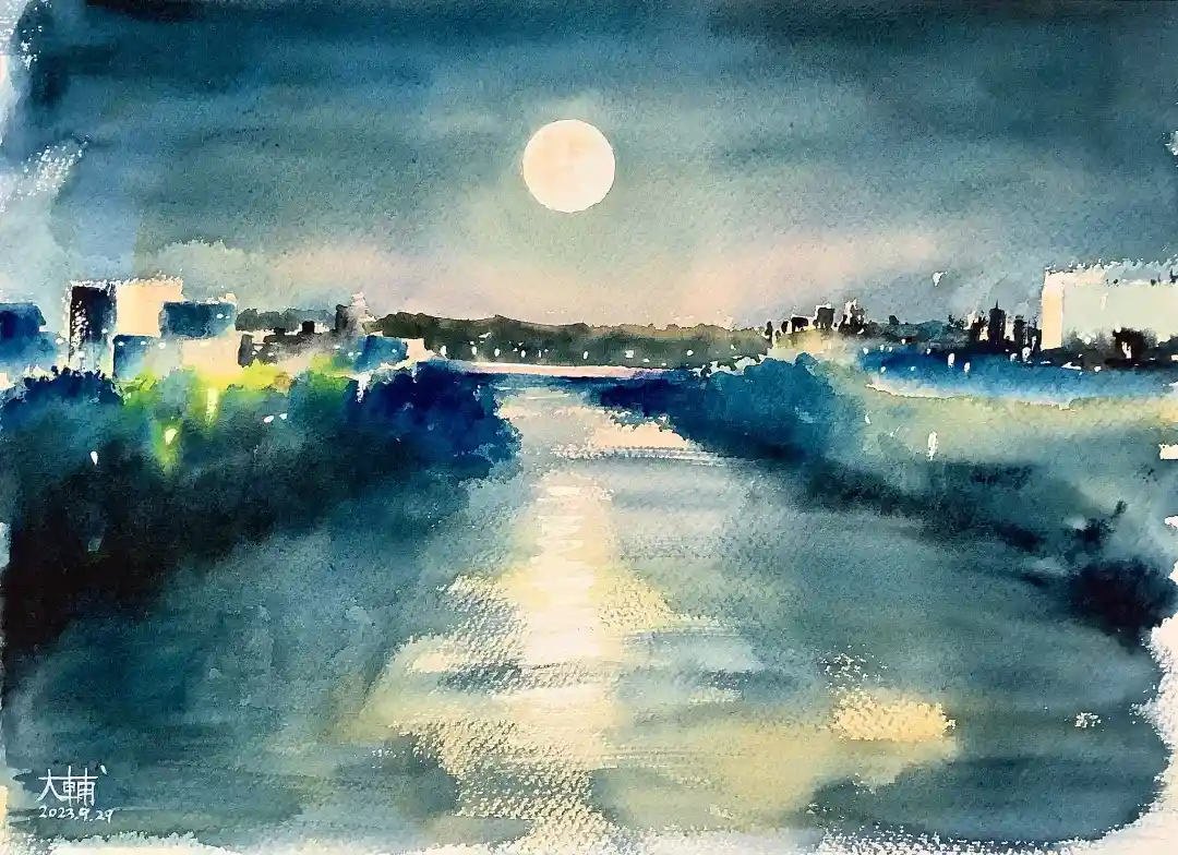 Ethereal Full Moon Watercolor