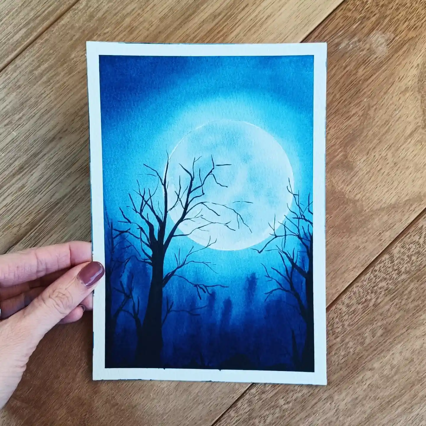 Sailboat in Moonlight Watercolor Moon