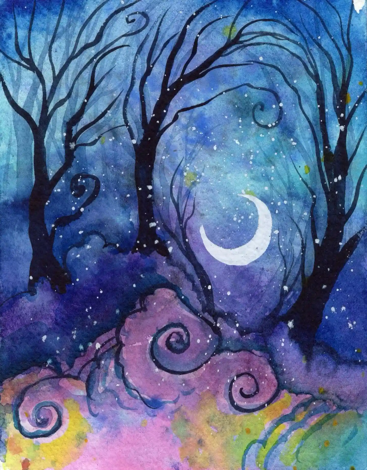 Cosmic Galaxy Watercolor Moon