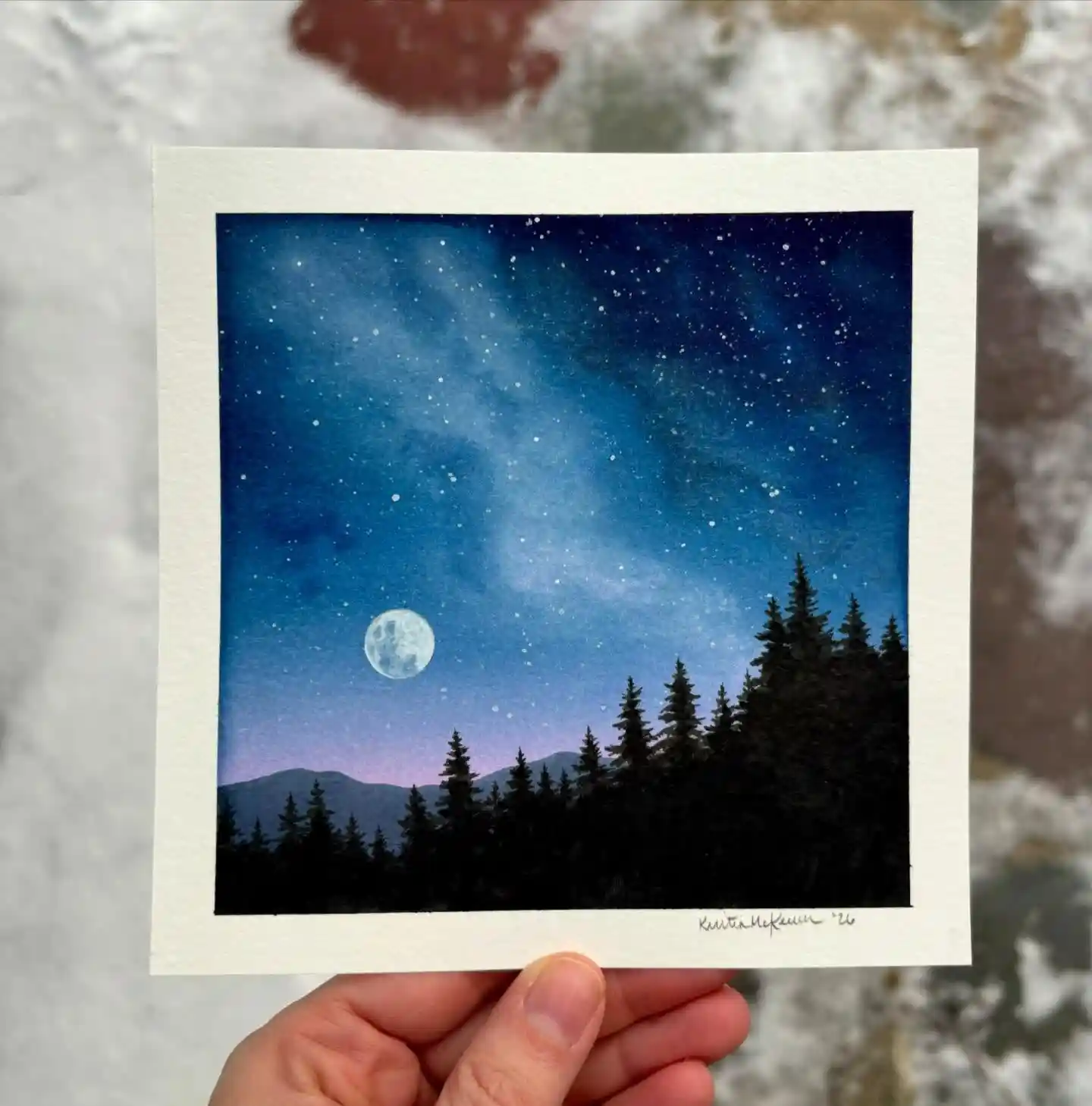 Starlit Night Watercolor Moon