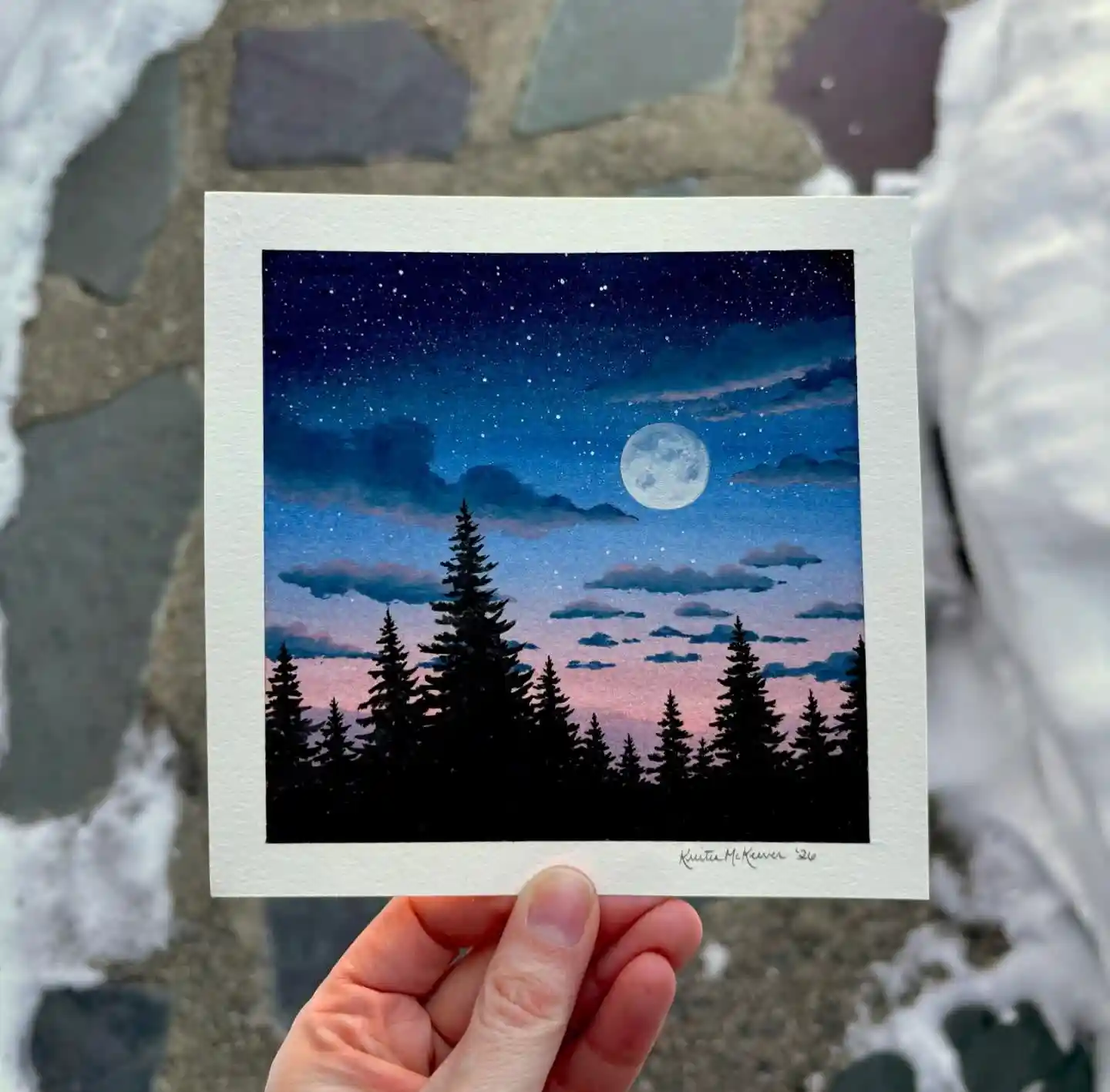 Silhouetted Pine Forest Watercolor Moon