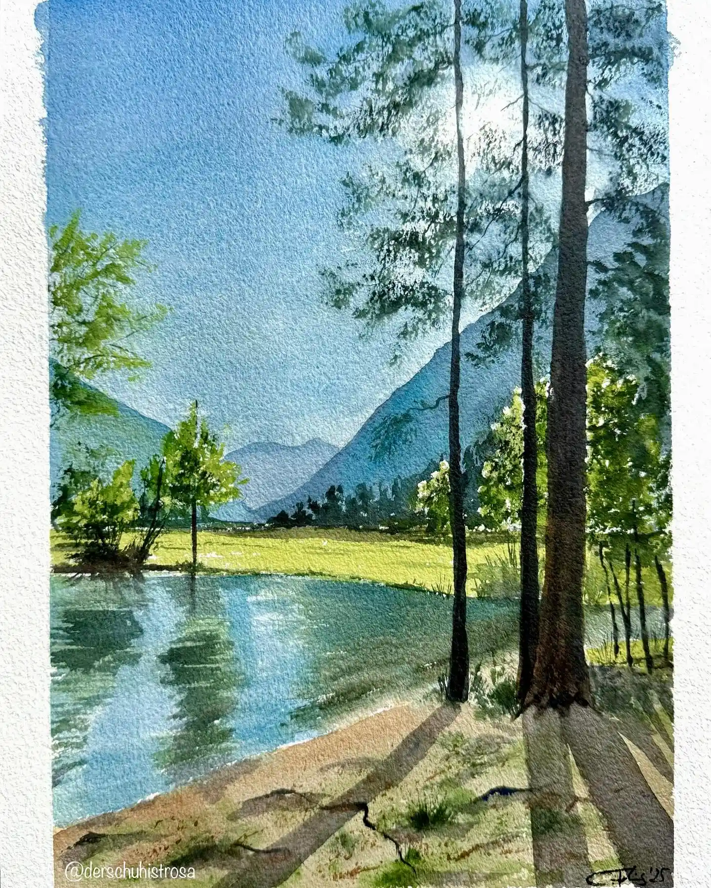 Reflective Pine Lake Shore Watercolor National Park