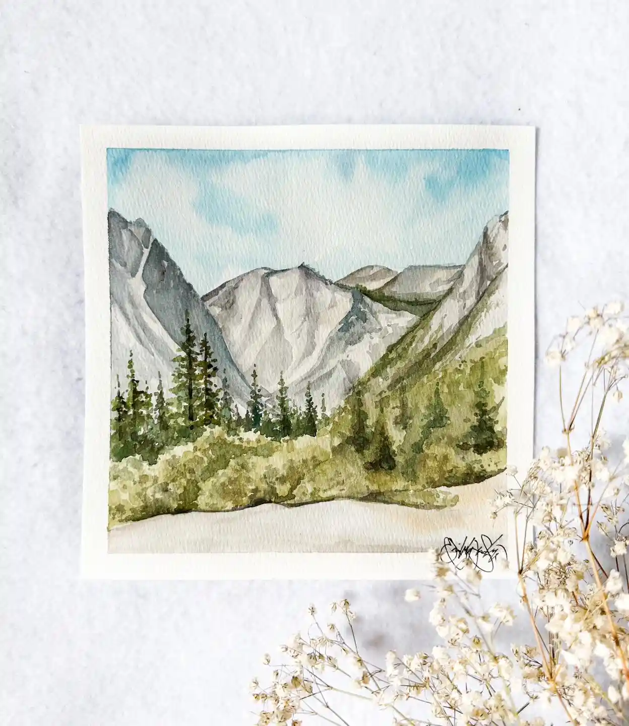 Yosemite Valley Mountain Vista Watercolor National Park