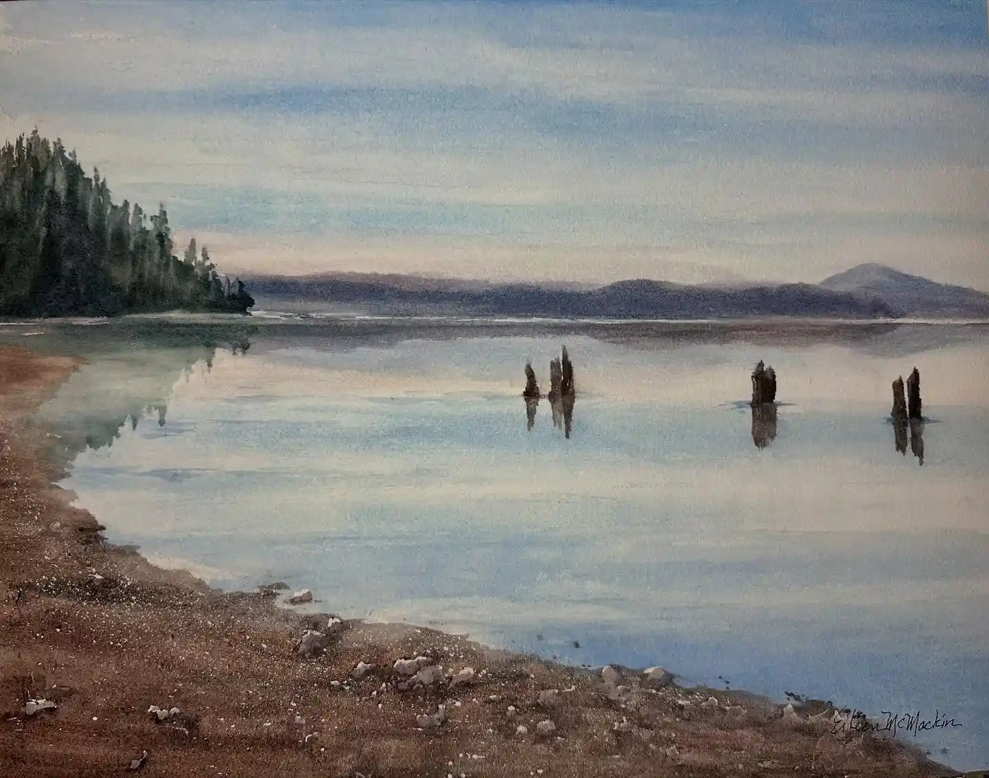 Calm Lake Shore with Reflections Watercolor National Park