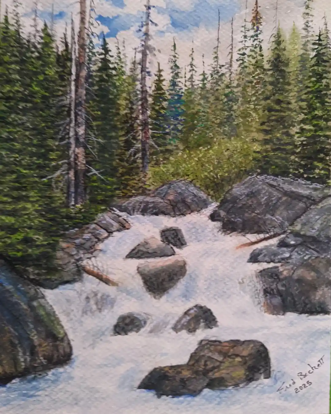 Rushing Forest Creek Watercolor National Park