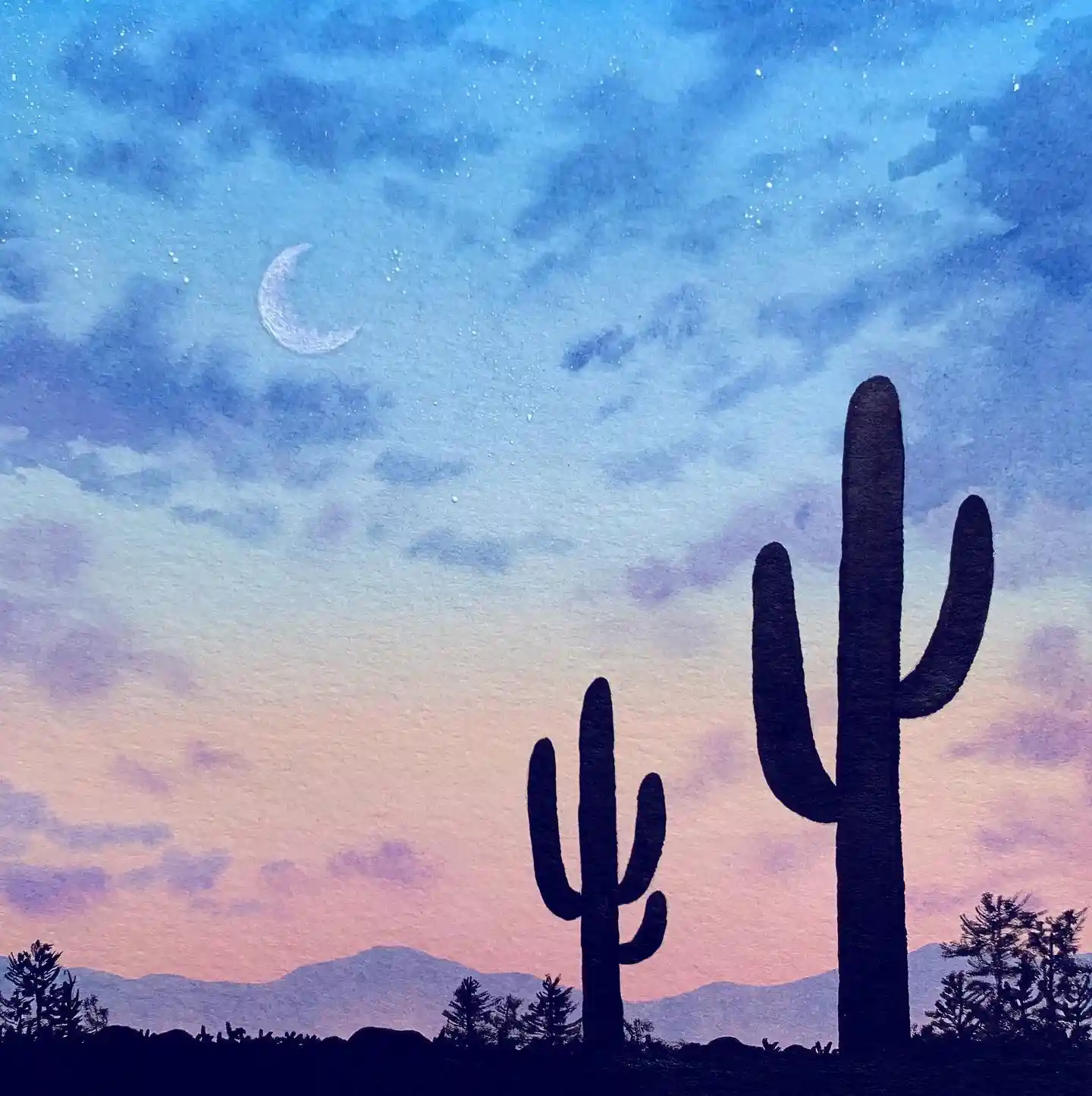 Saguaro Desert Twilight Silhouette Watercolor National Park
