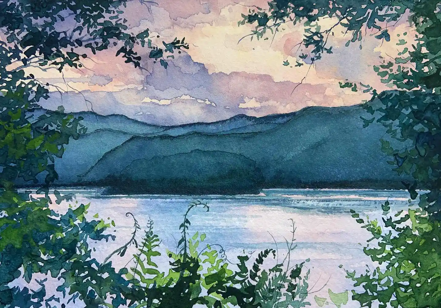 Serene Lake framed by Foliage Watercolor National Park