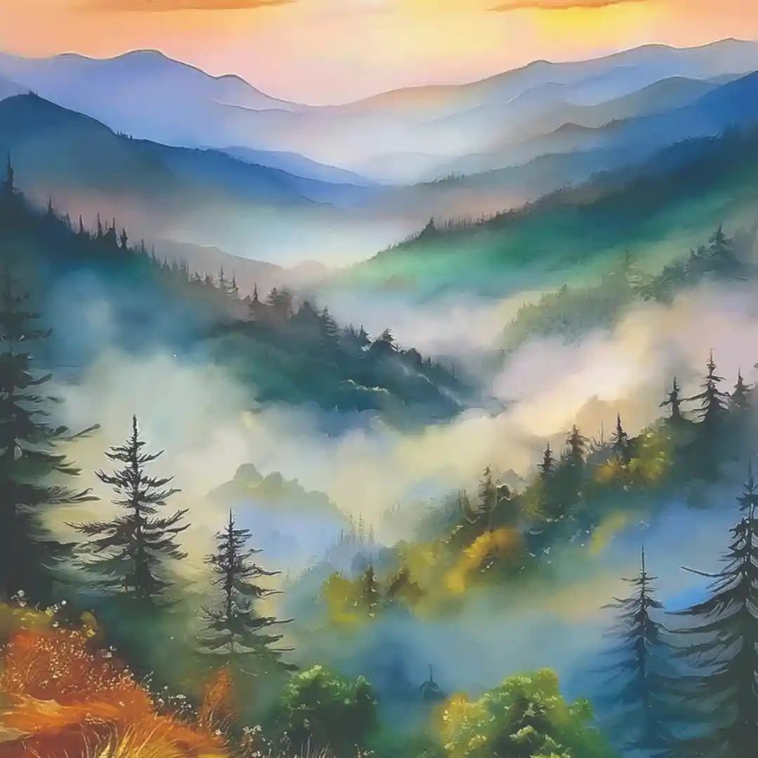Golden Hour Forest Valley Watercolor National Park